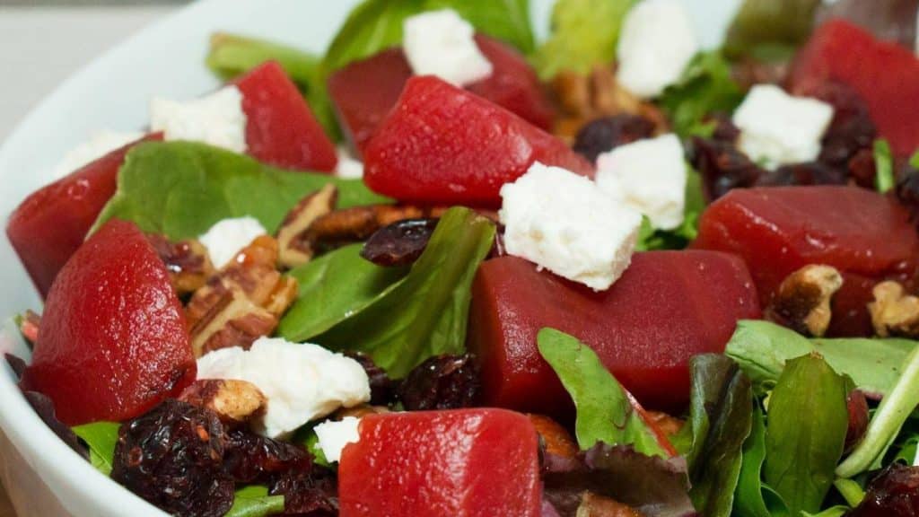 Sweet Beets And Greens Salad With Goat Cheese