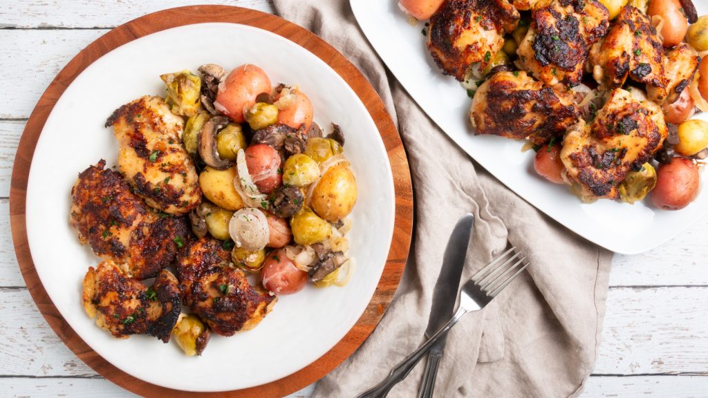 Crispy Ranch Chicken Thighs with Potatoes, Mushrooms and Dilled Brussels Sprouts