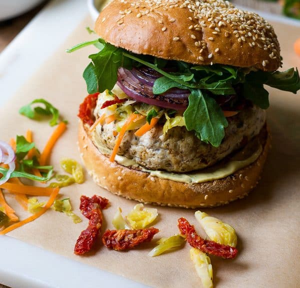 The Ultimate Turkey Burger with Spicy Brussels Sprout Slaw