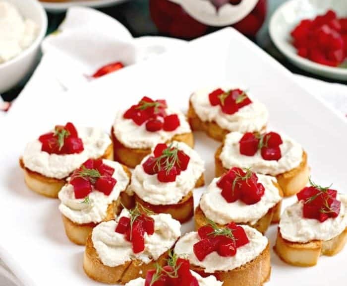 Tofu Ricotta Crostini with Pickled Beets