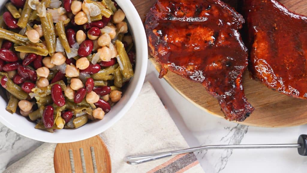 Reverse Seared Bone-In Pork Chops with Four Bean Salad