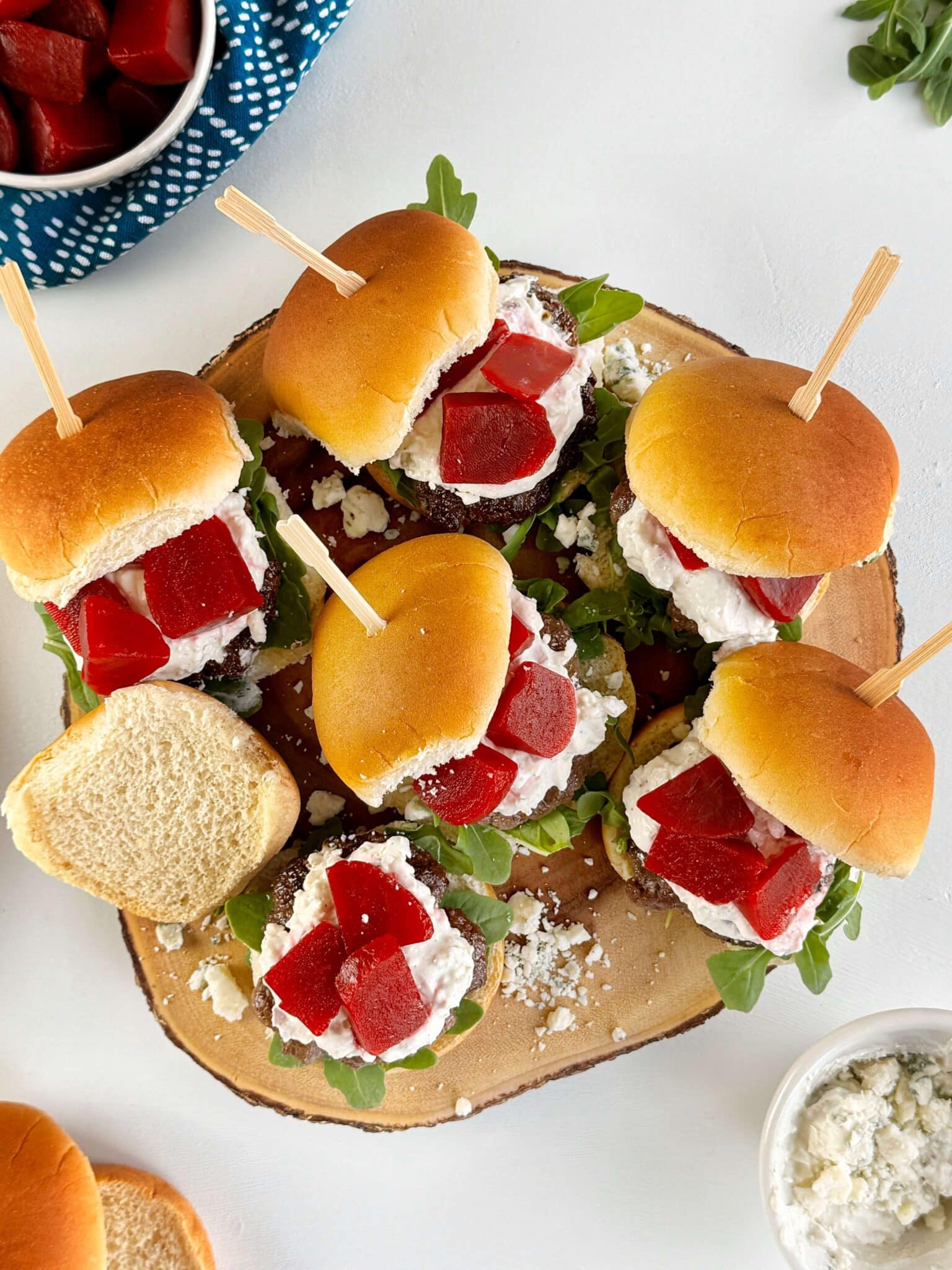 Burger and Pickled Beet Sliders with Blue Cheese Sauce