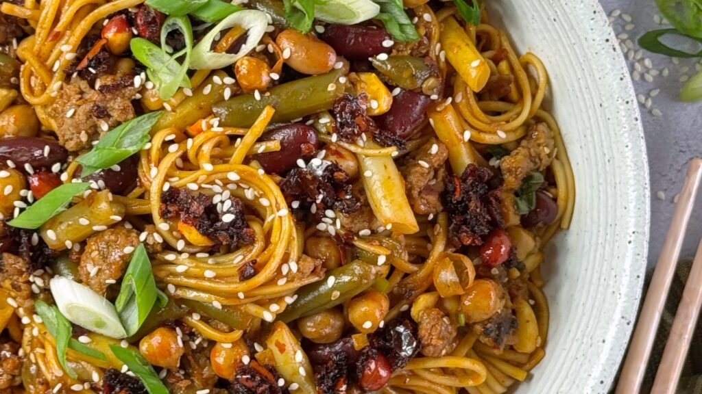 Chili Crunch Noodles with Ground Pork and Five Bean Salad