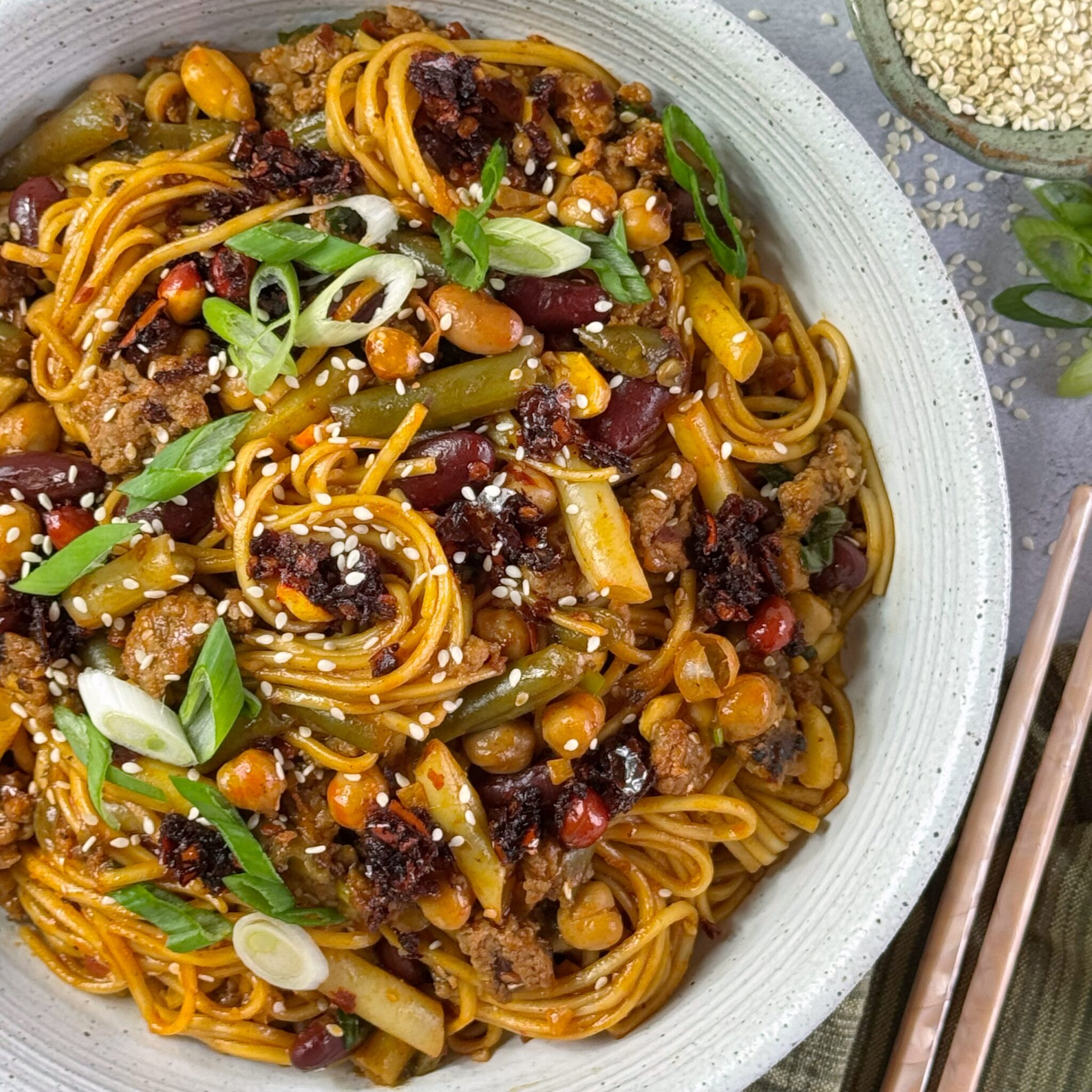 Chili Crunch Noodles with Ground Pork and Five Bean Salad - Paisley Farm Foods