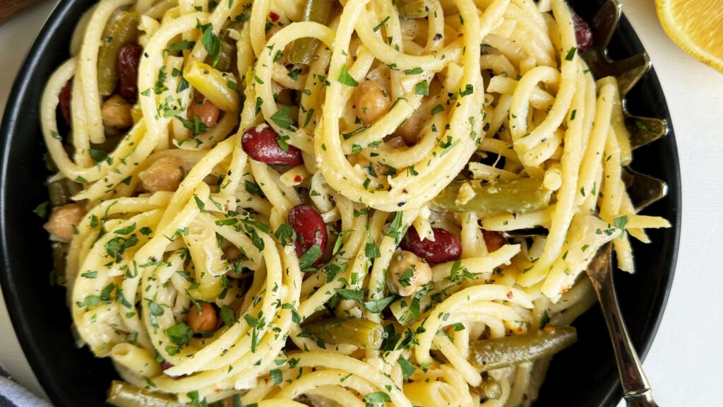 Creamy Lemon Pasta with Five Bean Salad