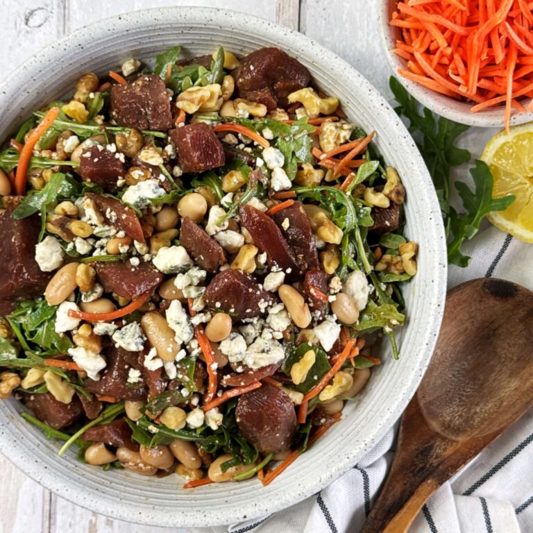 Balsamic Beet and White Bean Salad with Arugula in a bowl.