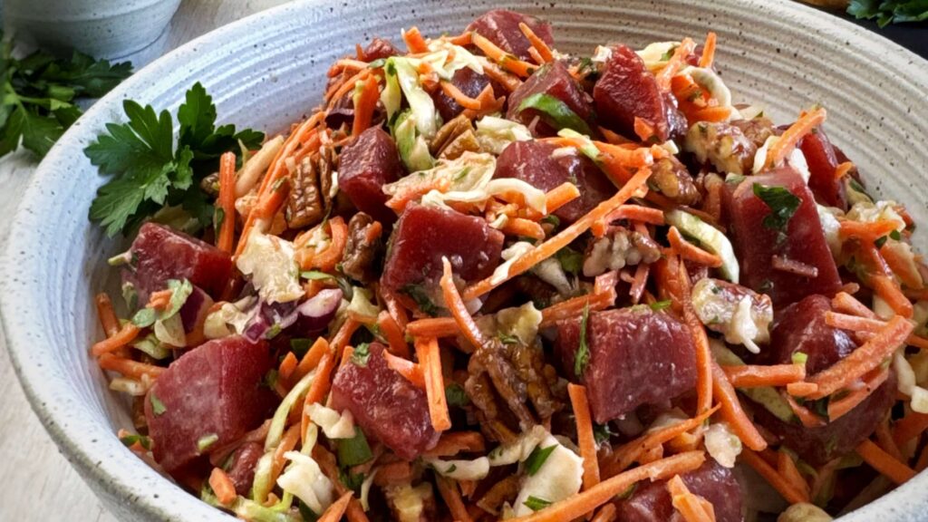 Sweet Pickled Beet and Carrot Slaw with Honey Mustard Vinaigrette