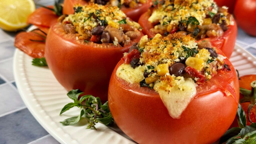 Cowboy Caviar and Bacon Stuffed Baked Tomatoes