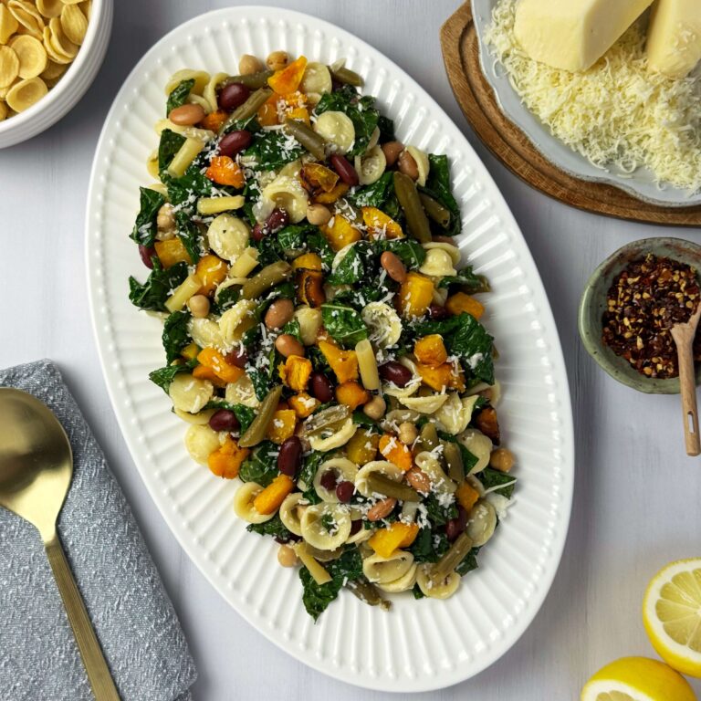 A oval white dish of Fall Vegetable Pasta.