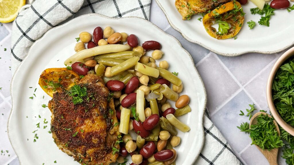 Baked Seasoned Chicken Thighs with Five Bean Salad