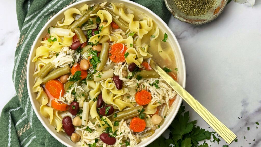 Slow Cooker Chicken Noodle Soup with Five Bean Salad