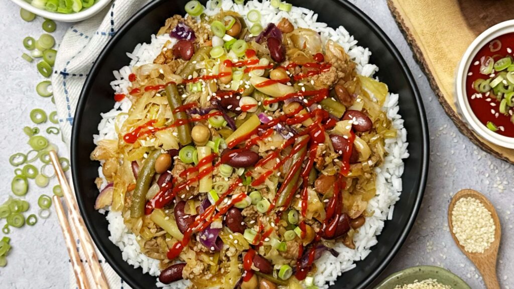 Eggroll Bowl with Cabbage and Five Bean Salad