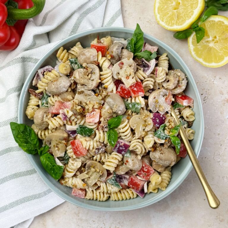 A big bowl of Marinated Mushroom Pasta Salad.