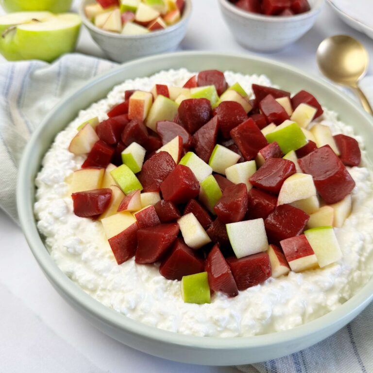 White bowl with Simple Sweet Beet and Cottage Cheese Salad