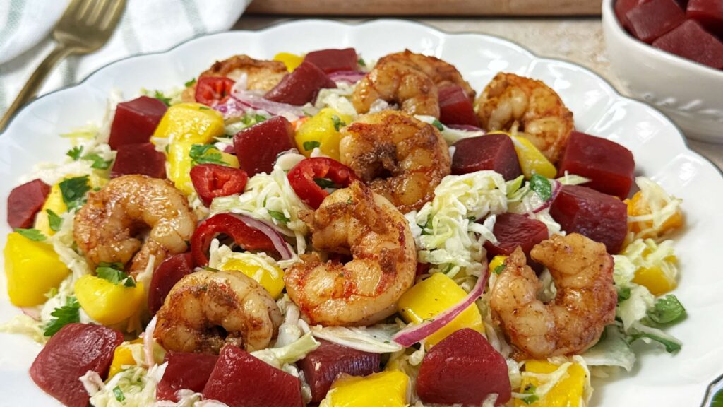 Mango, Sweet Beet, and Cabbage Salad with Shrimp and Honey Lime Vinaigrette